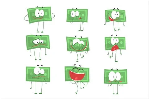 Cute funny humanized banknotes showing different emotions set of colorful Stock Illustration