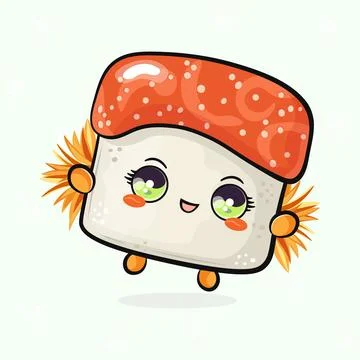 Cute funny jumping Sushi. Vector hand drawn cartoon kawaii character illust.. Stock Illustration