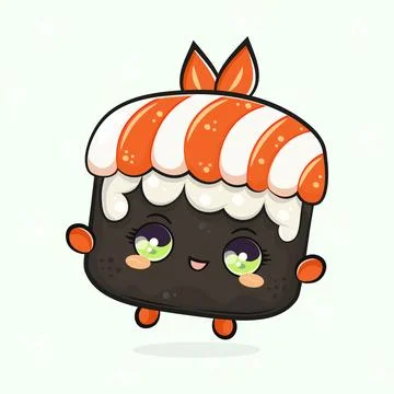 Cute funny jumping Sushi. Vector hand drawn cartoon kawaii character illust.. Illustrazione stock