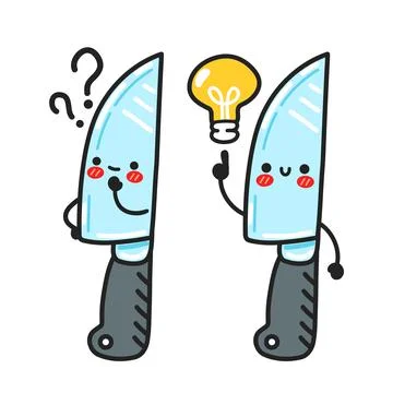 Cute funny kitchen chef knife character with question and idea. Vector flat Stock Illustration
