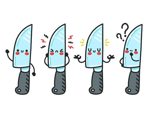 Cute funny kitchen chef knife character set collection. Vector flat cartoon Stock Illustration