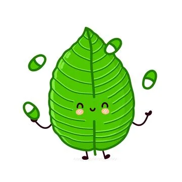 Cute funny kratom leaf jugging pills character. Vector flat line cartoon kawaii Stock Illustration