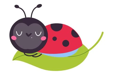 Cute funny ladybug sleeping on leaf. Little ladybird insect mascot cartoon Illustrazione stock