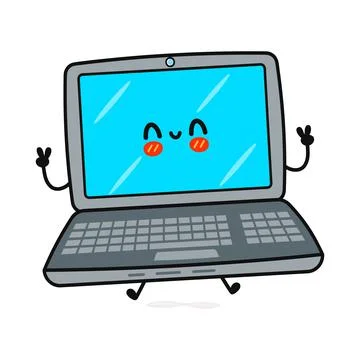 Cute funny laptop character. Vector hand drawn cartoon kawaii character illus Stock Illustration