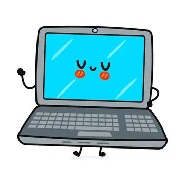 Cute funny laptop character. Vector hand drawn cartoon kawaii character illus Stock Illustration