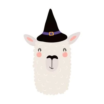 Cute funny llama in witch hat, Halloween costume character illustration. Stock Illustration