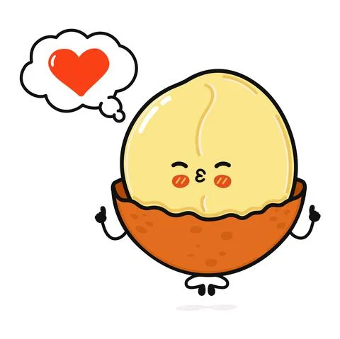 Cute funny macadamia doing yoga with speech bubble. Vector hand drawn cartoon Stock Illustration