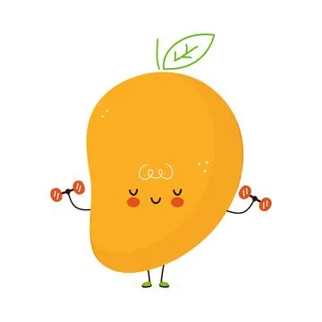 Cute funny Mango fruit with dumbbells. Vector hand drawn cartoon kawaii Stock Illustration