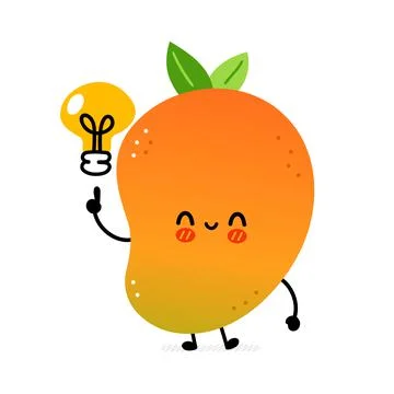 Cute funny mango fruit with idea light bulb. Vector hand drawn cartoon kawaii Stock Illustration