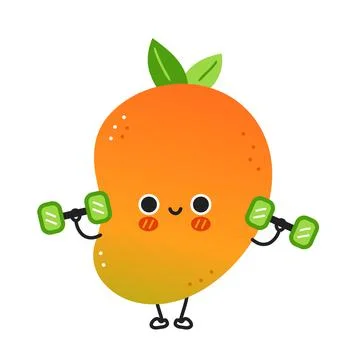 Cute funny mango fruit make gym with dumbbells. Vector hand drawn cartoon kawaii Stock Illustration