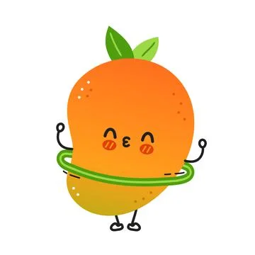 Cute funny mango fruit make workout with hula hoop. Vector hand drawn cartoon Stock Illustration