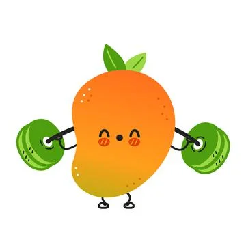Cute funny mango fruit make gym with barbell. Vector hand drawn cartoon kawaii Stock Illustration