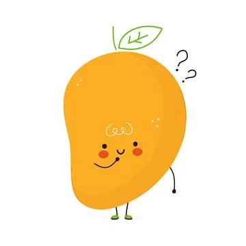 Cute funny Mango fruit with question marks. Vector hand drawn cartoon kawaii Stock Illustration