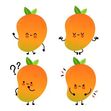 Cute funny mango fruit set collection. Vector hand drawn cartoon kawaii Stock Illustration