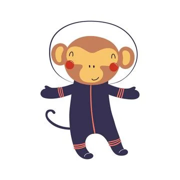 Cute funny monkey astronaut in space suit cartoon character illustration. H.. Illustrazione stock