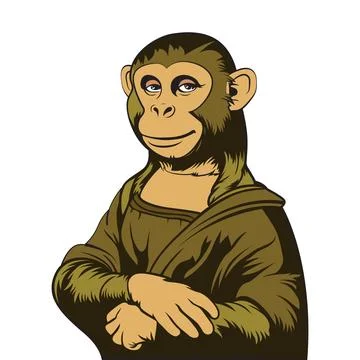 Cute funny monkey dressed and posing like famous mona lisa painting. Vector Stock Illustration