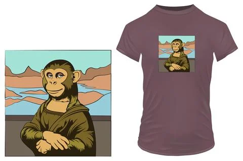 Cute funny monkey dressed and posing like famous mona lisa painting. Vector Stock Illustration