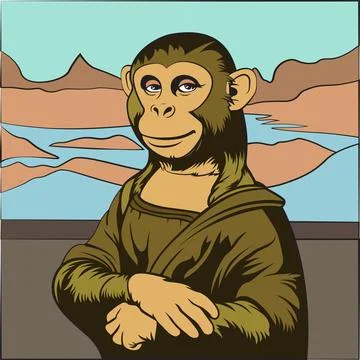 Cute funny monkey dressed and posing like famous mona lisa painting. Vector Stock-Illustration