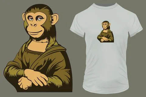 Cute funny monkey dressed and posing like famous mona lisa painting. Vector Stock Illustration