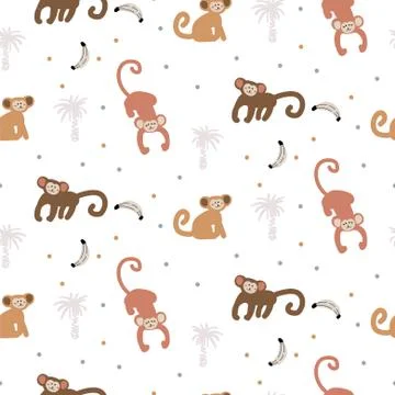 Cute funny monkey seamless pattern. Childish apes gang and banana print design Stock Illustration