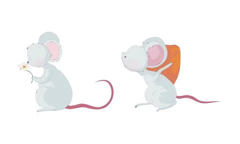 Cute funny mouse characters set. Lovely little mice carrying piece of cheese and Illustrazione stock