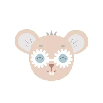 Cute funny mouse face with flower-shaped glasses.The head of a fictional animal Stock-Illustration