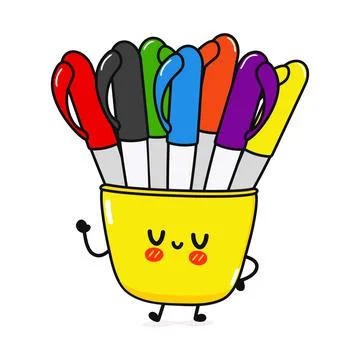 Cute funny multi-colored pens character. Vector hand drawn cartoon kawaii cha Illustrazione stock
