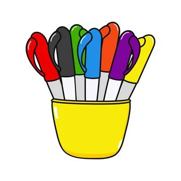 Cute funny multi-colored pens character. Vector hand drawn cartoon kawaii cha Stock Illustration