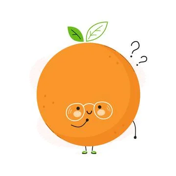 Cute funny Orange fruit with question marks. Vector hand drawn cartoon kawaii Stock Illustration