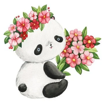 Cute funny panda bear and pink flowers hand drawn in watercolor on white Stock Illustration