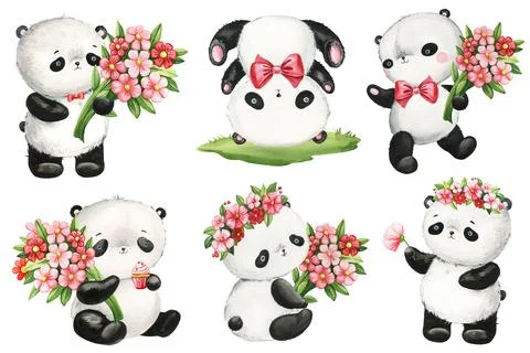Cute funny panda bear and pink flowers hand drawn in watercolor on white Stock Illustration