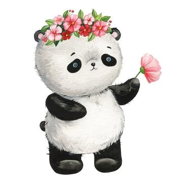 Cute funny panda bear and pink flowers hand drawn in watercolor on white Stock Illustration