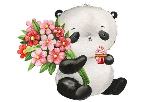 Cute funny panda bear and pink flowers hand drawn in watercolor on white Stock Illustration
