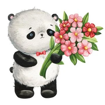 Cute funny panda bear and pink flowers hand drawn in watercolor on white Stock Illustration