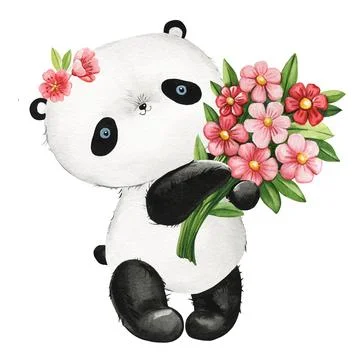 Cute funny panda bear and bouquet flowers hand drawn watercolor on white Stock Illustration