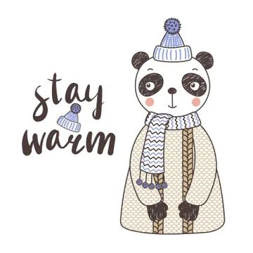 Cute funny panda in a knitted hat and sweater Stock Illustration