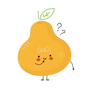 Cute funny Pear fruit with question marks. Vector hand drawn cartoon kawaii Stock Illustration
