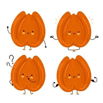 Cute funny pecan nut character set collection. Vector flat cartoon kawaii Stock Illustration