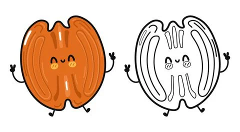 Cute funny pecan waving hand character outline cartoon illustration for color Stock Illustration