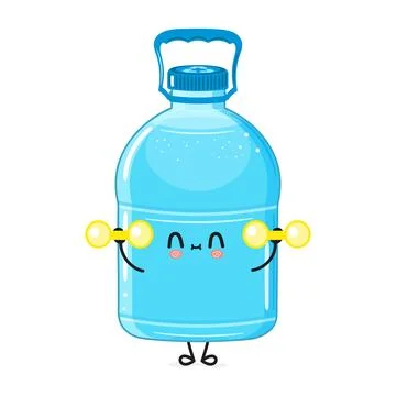 Cute funny Plastic Water Bottle character with dumbbells. Vector hand drawn.. Stock Illustration