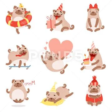 Cute Funny Pug Dog, Adorable Beige Pet Animal Character in Different Situations Stock Illustration