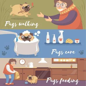 Cute funny pug dog in different situations, pugs walking, care and feeding Stock-Illustration
