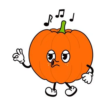 Cute funny pumpkin walking singing character. Vector hand drawn traditional c Illustrazione stock