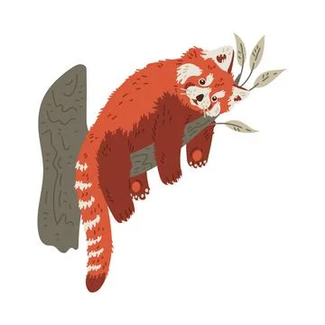 Cute funny red panda lying on branch flat style, vector illustration Illustrazione stock