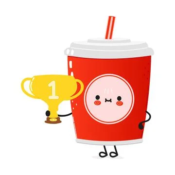 Cute funny red plastic cup cold drink cola straw hold gold trophy cup. Vector Stock Illustration