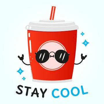 Cute funny red plastic cup cold drink cola and straw card. Vector hand drawn  Stock Illustration