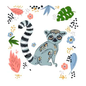 Cute funny ring-tailed lemur and tropical plant. Madagascar exotic Lemur catta Stock Illustration