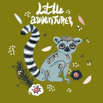 Cute funny ring-tailed lemur and tropical plant. Madagascar exotic Lemur catta Stock Illustration