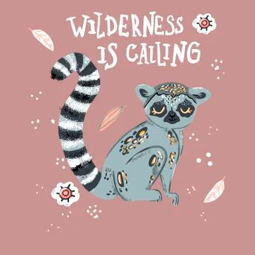 Cute funny ring-tailed lemur and tropical plant. Madagascar exotic Lemur catta Stock Illustration