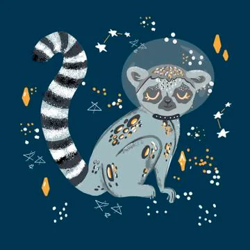 Cute funny ring-tailed lemur and tropical plant. Madagascar exotic Lemur catta Stock Illustration